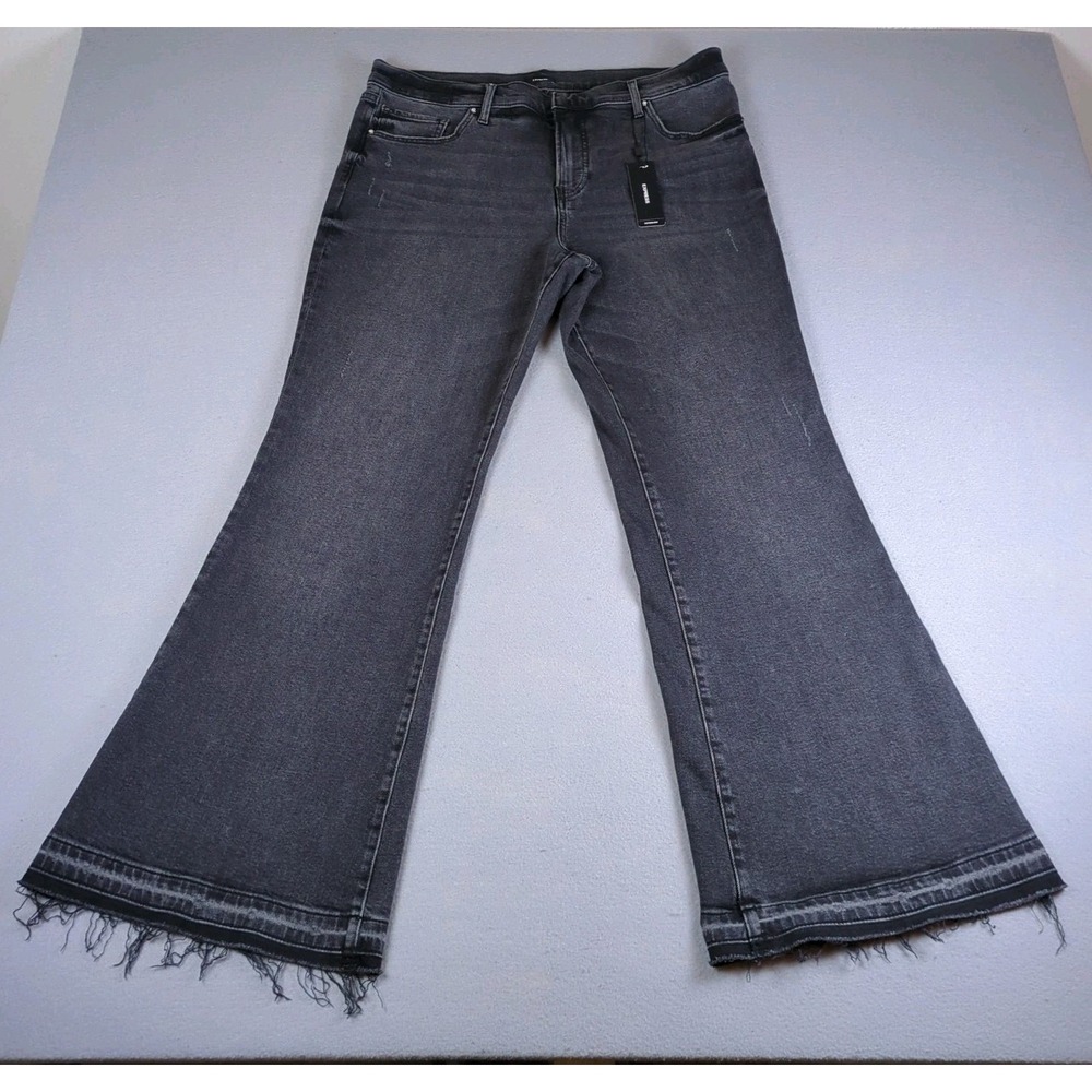 Express 70s Flare Mid Rise Jeans Womens 12S Black Denim Stretch Raw Hem Dark NWT